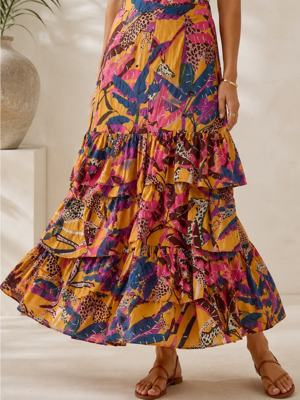 Oliphant Tiered Maxi Skirt Size M Mustard Giraffe Safari Tropical Cotton